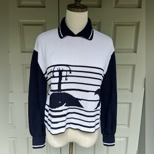 St. John Knit Whale Graphic Long Sleeve Collared Pullover Sweater